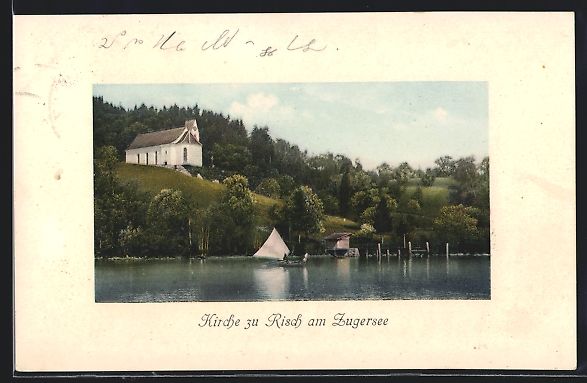 Cartoline postali: Risch am Zugersee, Uferpartie mit Kirche – Usato da Berlin venduto da bartko-reher