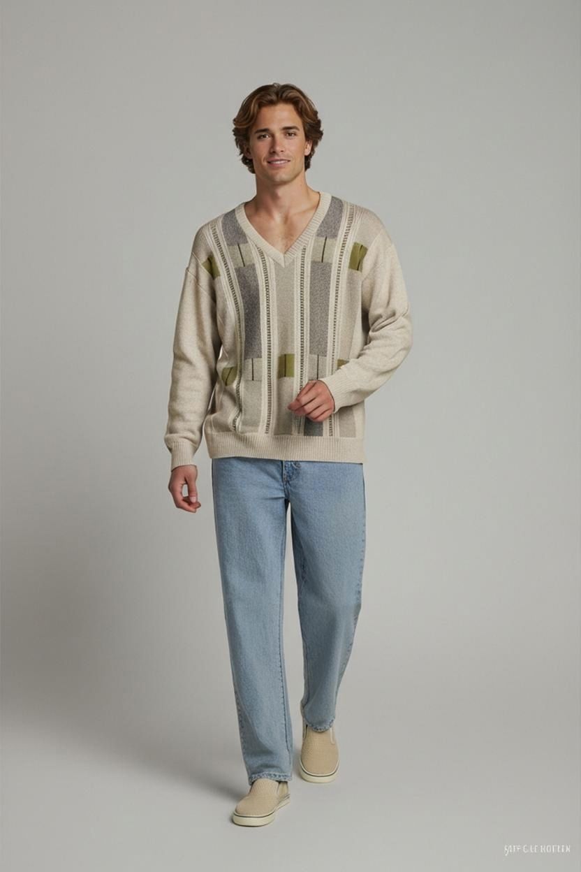 Pullover & Sweatshirts: Oreiphor Herren V-Ausschnitt Pullover mit geometrischem – Gebraucht aus Zug von vinokilo