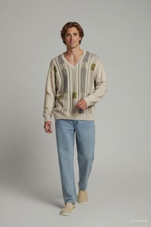 Oreiphor Herren V-Ausschnitt Pullover mit geometrischem