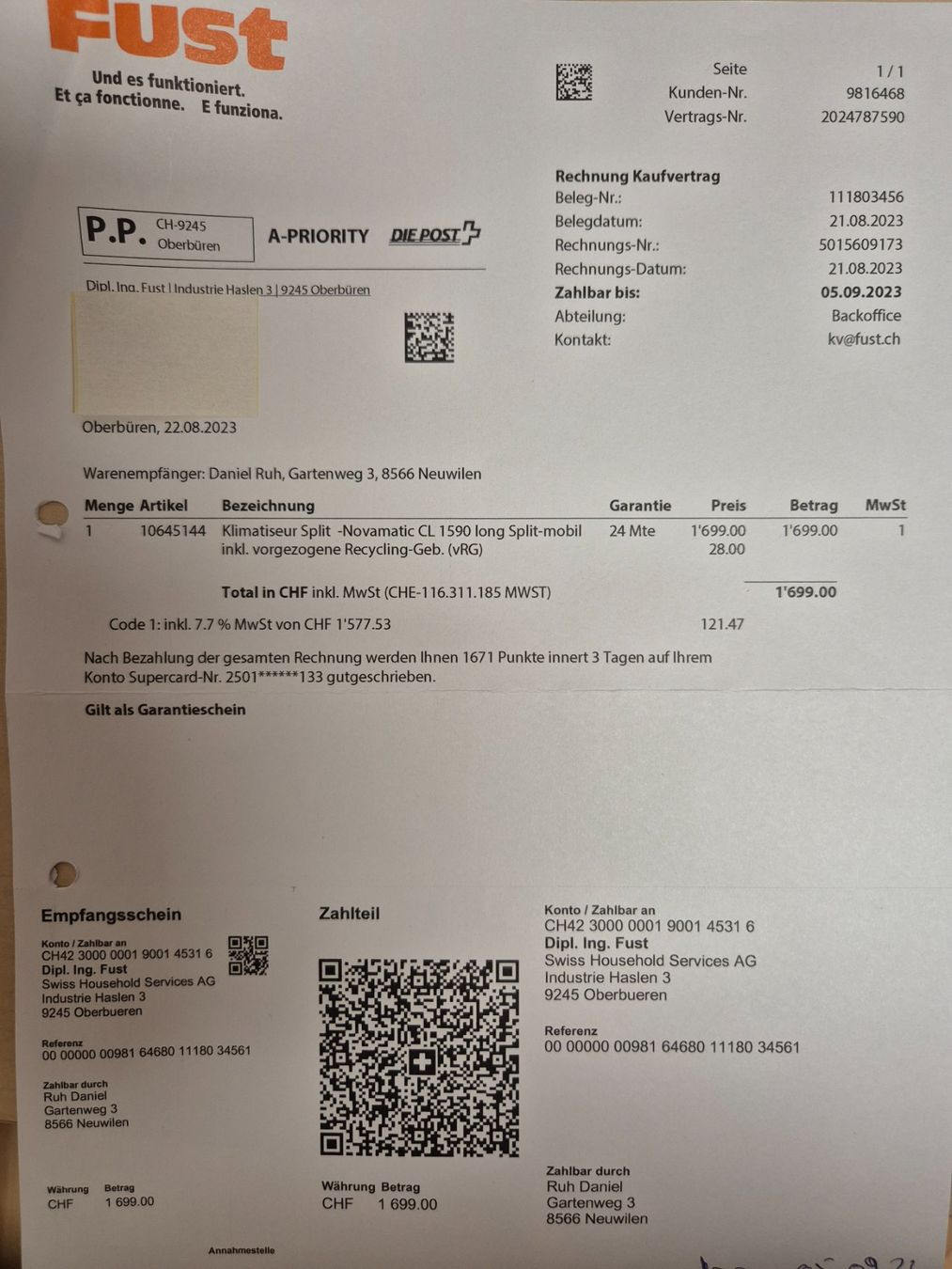 Novamatic Klimageräte: Fust Novomatic CL 1590 Long Split – Gebraucht aus Neuwilen von Muecke23 2