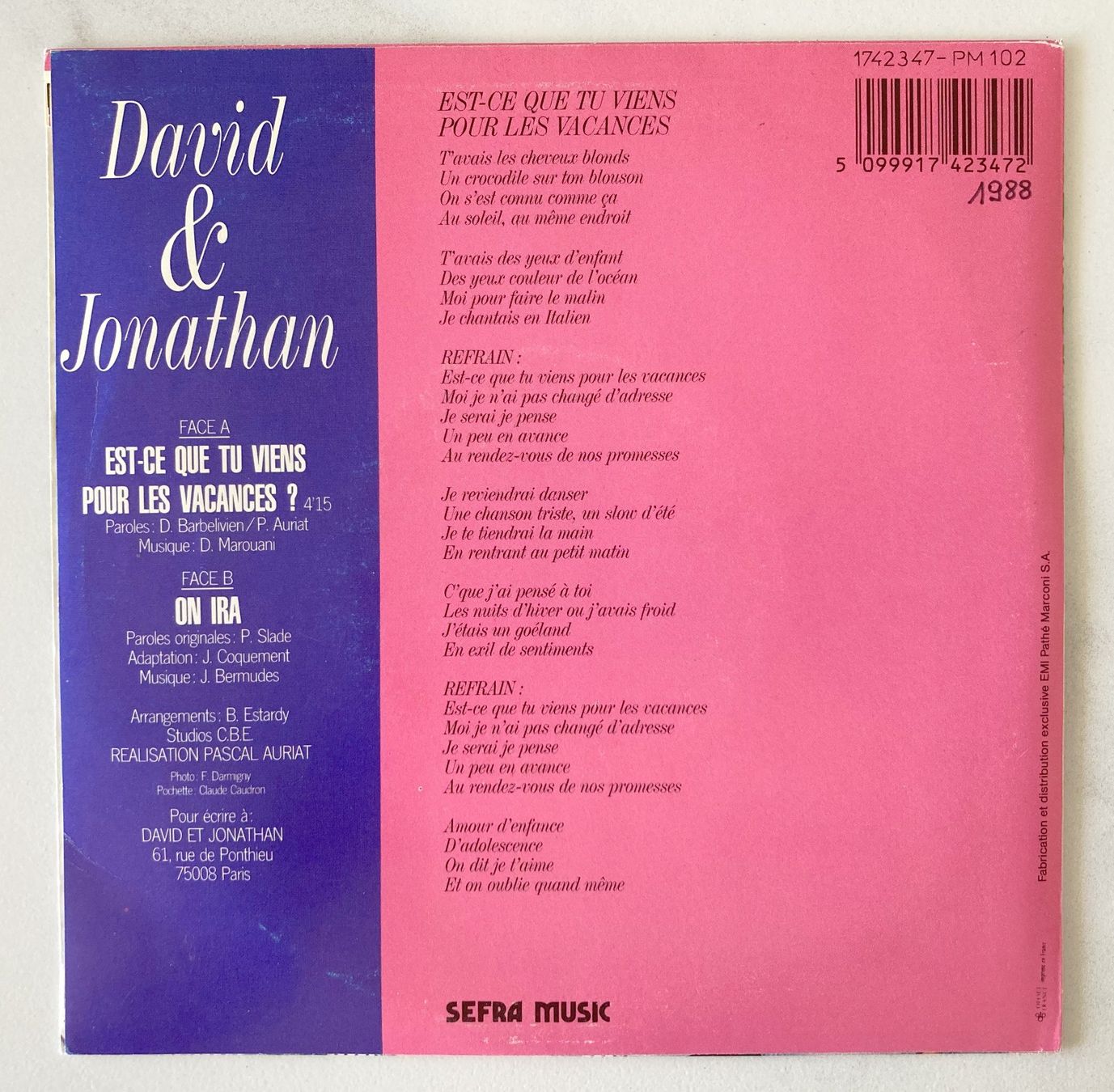 Schallplatten: DAVID ET JONATHAN - EST-CE QUE TU VIENS POUR LES VACANCES ? – Gebraucht aus Bottens von hotter-than-hell 1