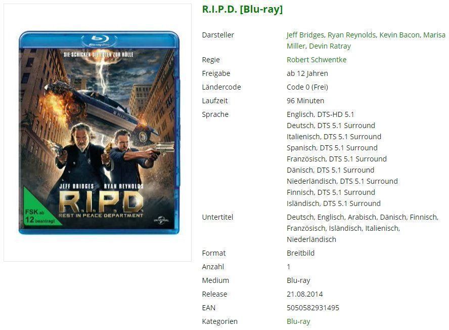 Alle DVDs: R.I.P.D. [Blu-ray] – Gebraucht aus Buchrain von Sssschaller