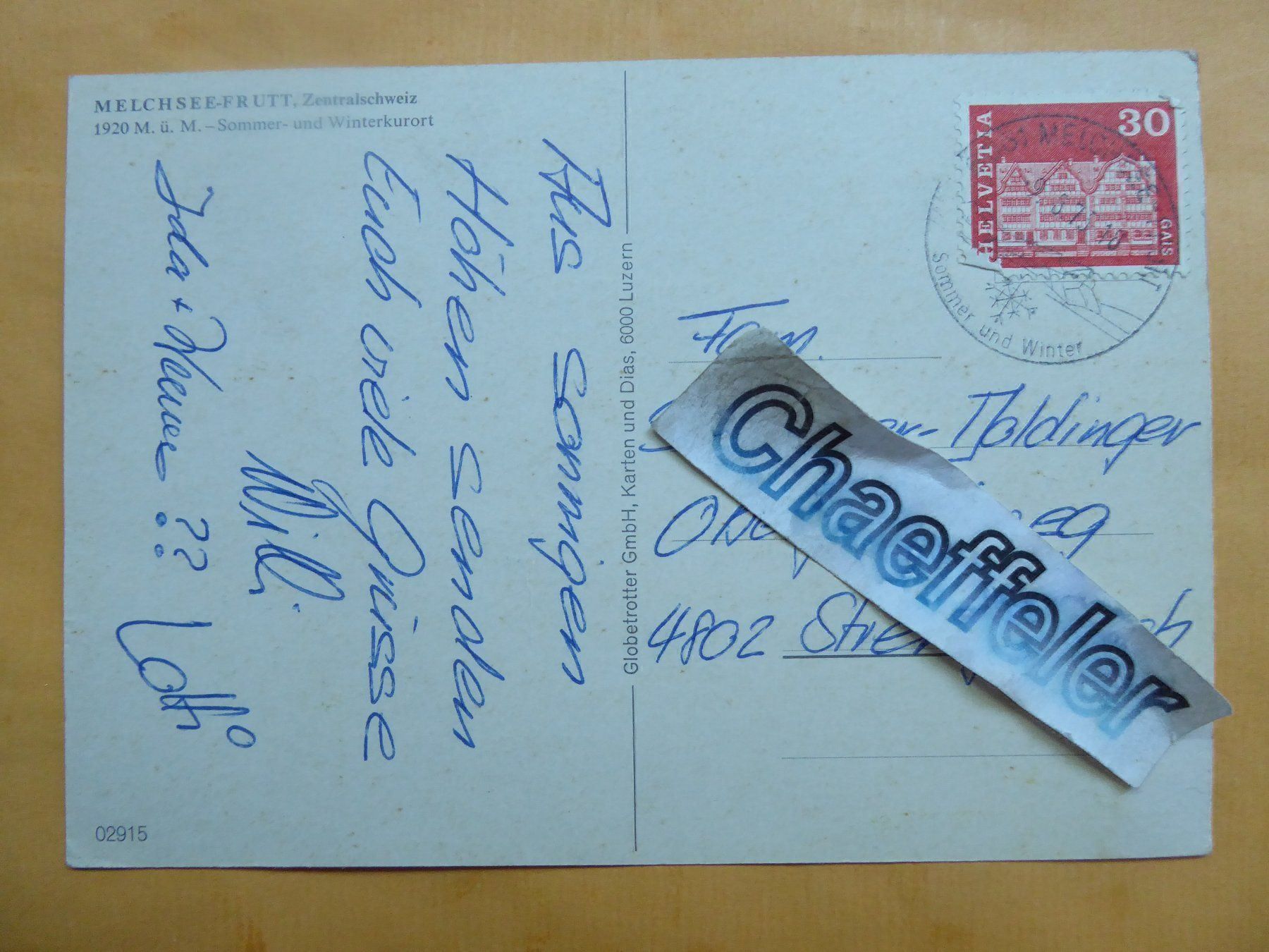 Ansichtskarten: 1975 Melchsee-Frutt, Zentralschweiz – Gebraucht aus Zürich von Chaeffeler 1
