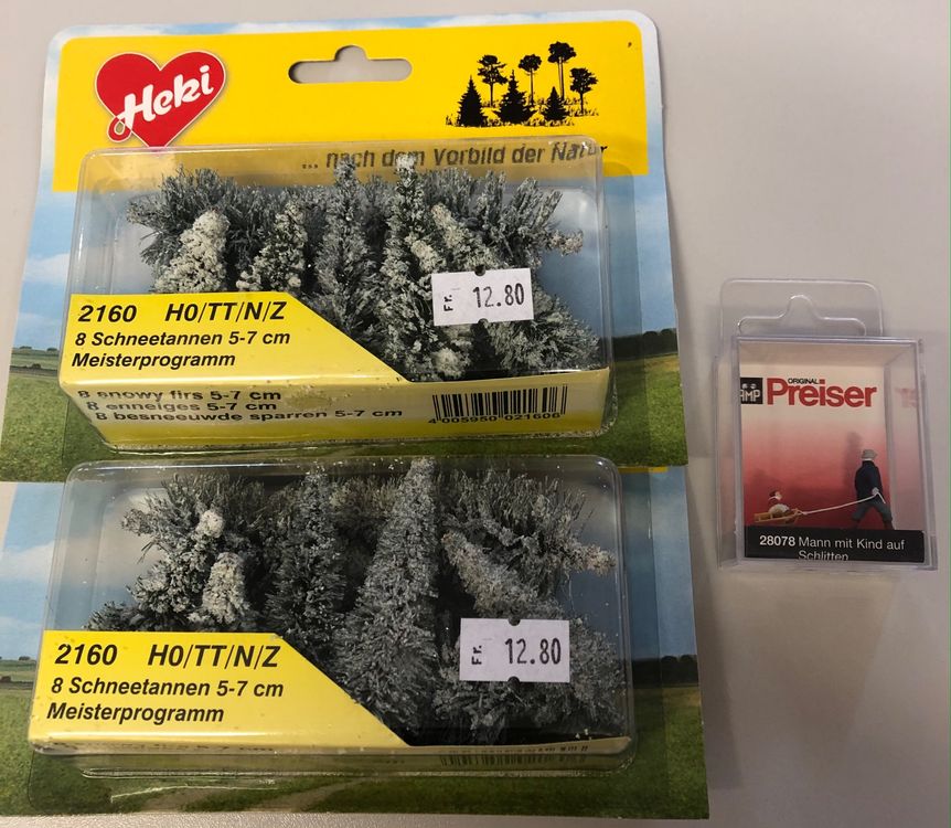 Preiser HO Mann mit Kind auf Schlitten u. 8 Schneetannen | Kaufen auf ...