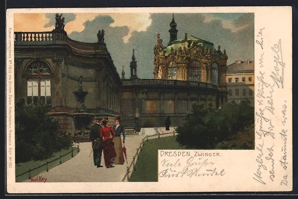Cartoline postali: Paul Hey: Dresden, Zwinger mit Spazierg – Usato da Berlin venduto da bartko-reher
