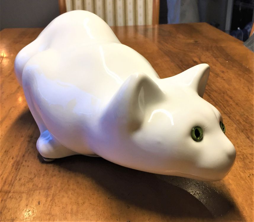 SMELEYOU Luxus Schwarze Katzen-Skulptur - Keramik Figur Mit Grünen Augen | Glücksbringer Für Zuhause