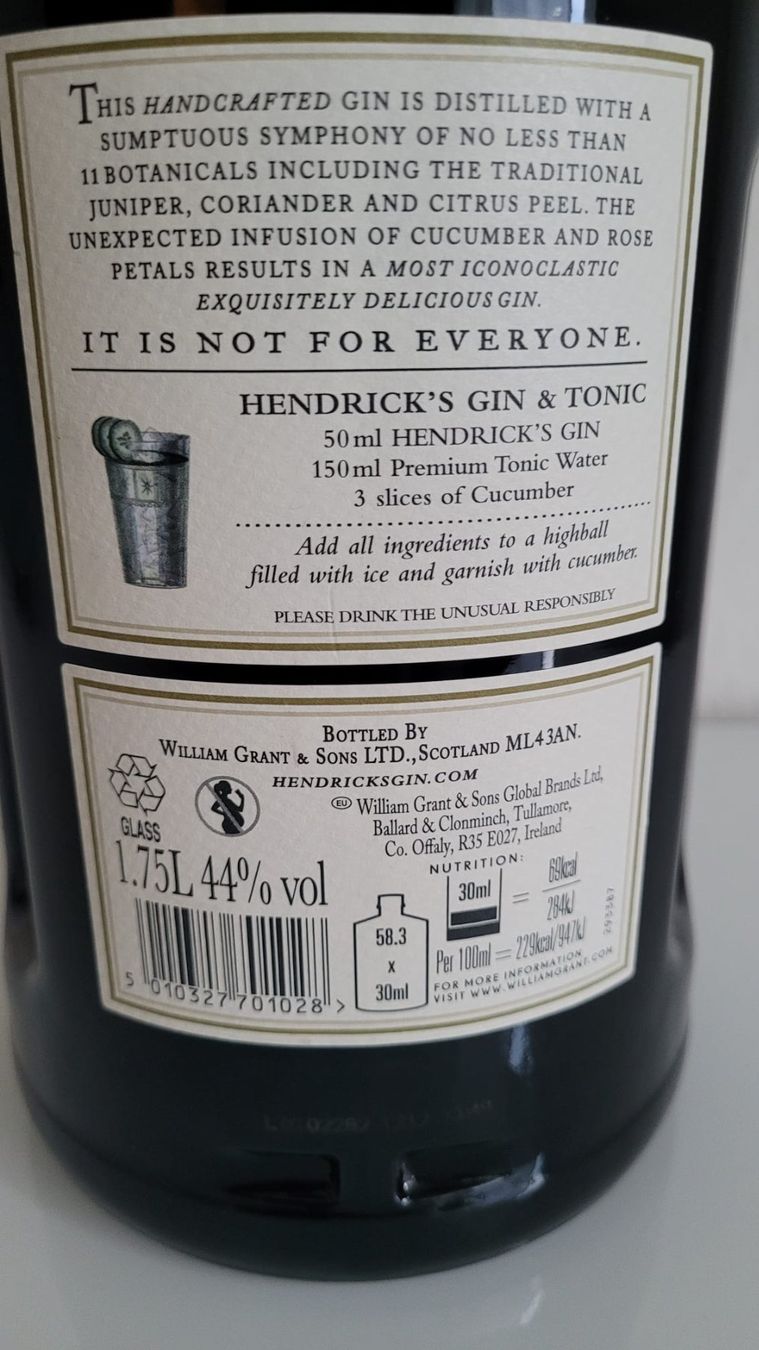 Spiritueux: GIN Hendrick`s   1,75 Lit – Neuf (Voir description) à Bellikon par Bruno518 2