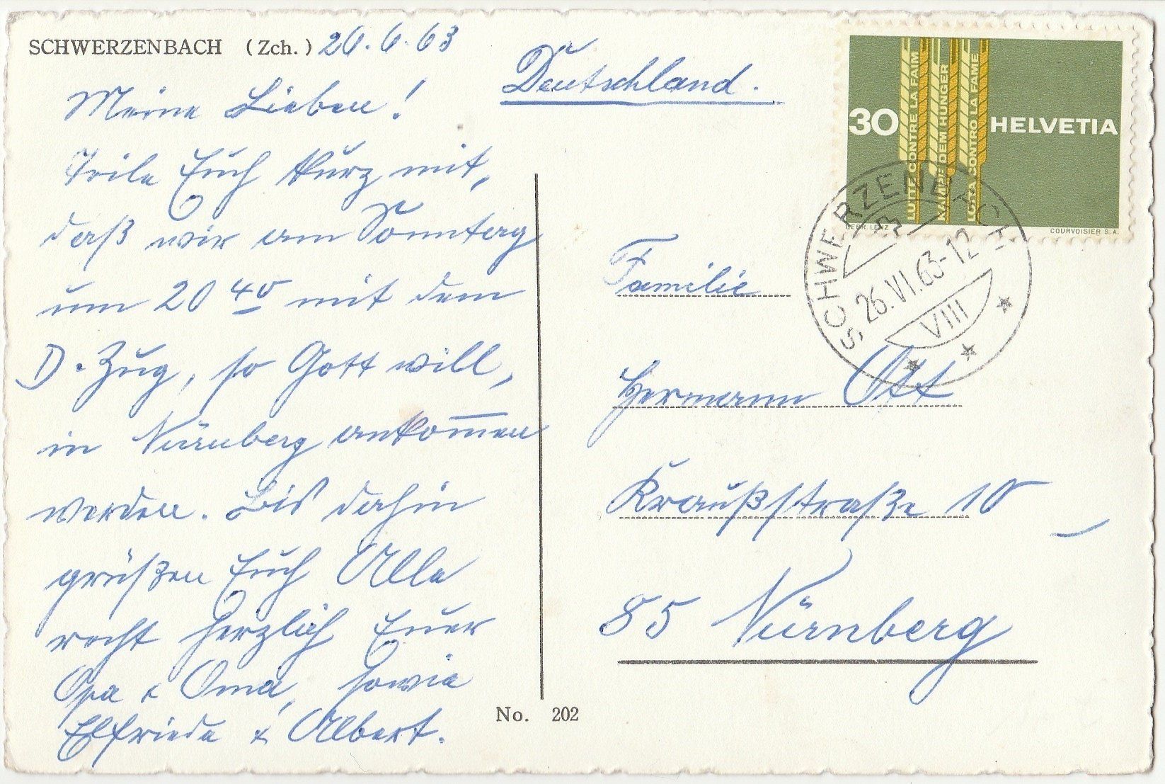 Ansichtskarten: Schwerzenbach, Dorfteil mit Kirche - (1963 – Gebraucht aus Fällanden von Blausegelfliege 1