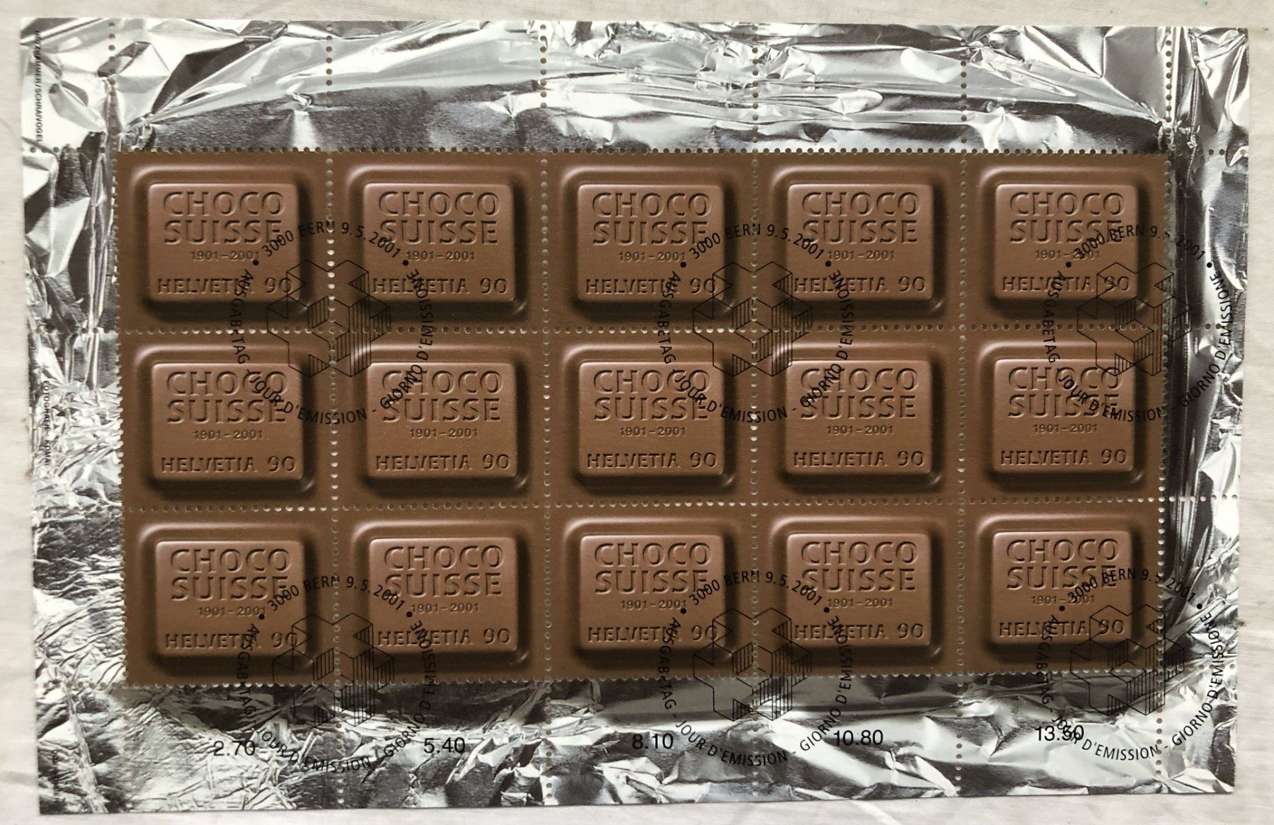 Tutti i francobolli: FDC - Kleinbogen - 9.Mai 2001 - 100 Jahre Chocsuisse – Usato da Schaffhausen venduto da durruti