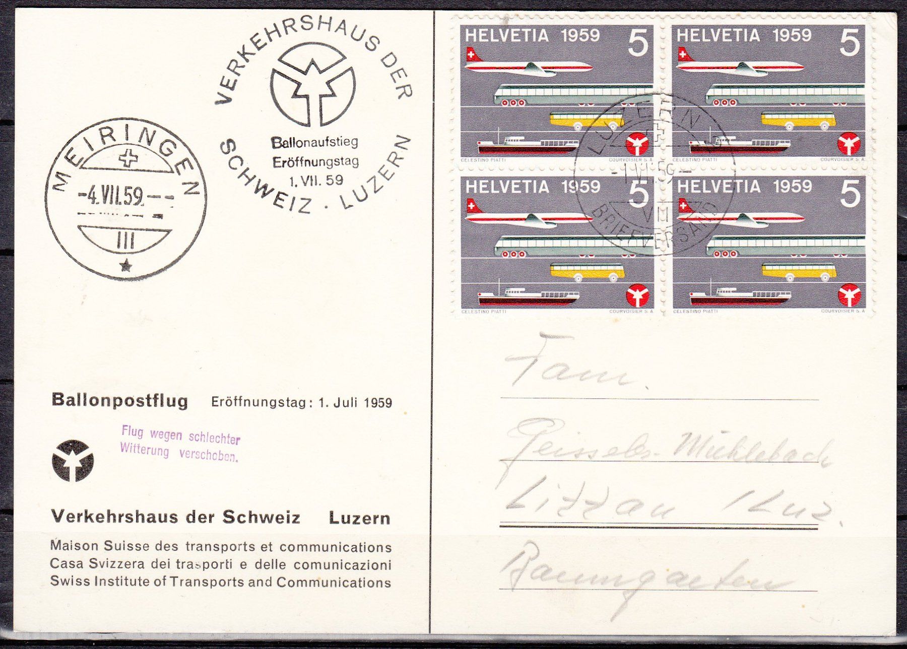 Alle Briefmarken: Brief Ballonpost 1959 – Gebraucht aus Herrliberg von Lfrifda 1