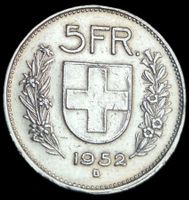 Top Silber 5 Franken 1952 Schweiz Rar