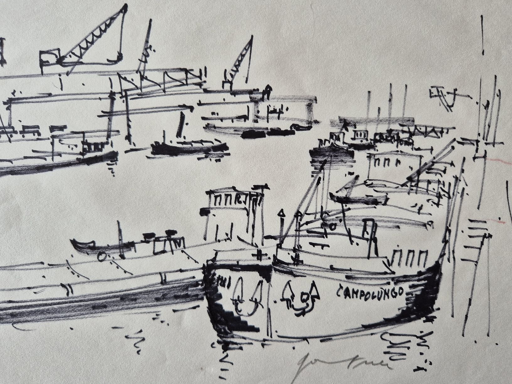 Gemälde: Dessin Bernard Gantner "le port de Bâle" signé tableau – Gebraucht aus Tramelan von La_mine_d_art 2