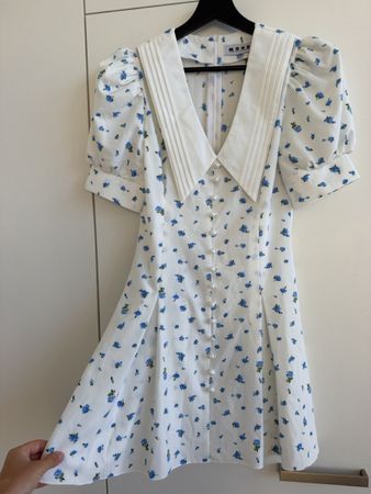Summer Dress White Blue Flowers Puff 