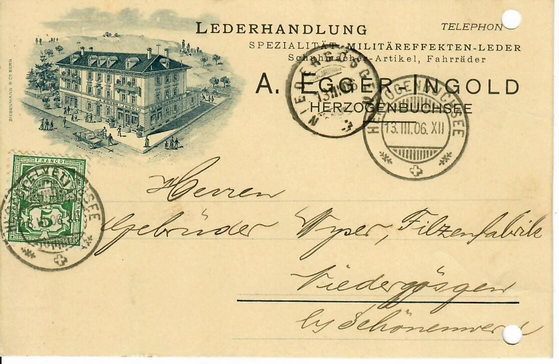 Tutti i francobolli: PK, A. Egger - Ingold Lederhandlung  Herzogenbuchsee 1906 – Usato da Hochdorf venduto da Ziegel-16