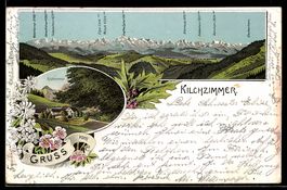 Lithographie Kilchzimmer, Panorama mit Bergen Eiger, Wetterh