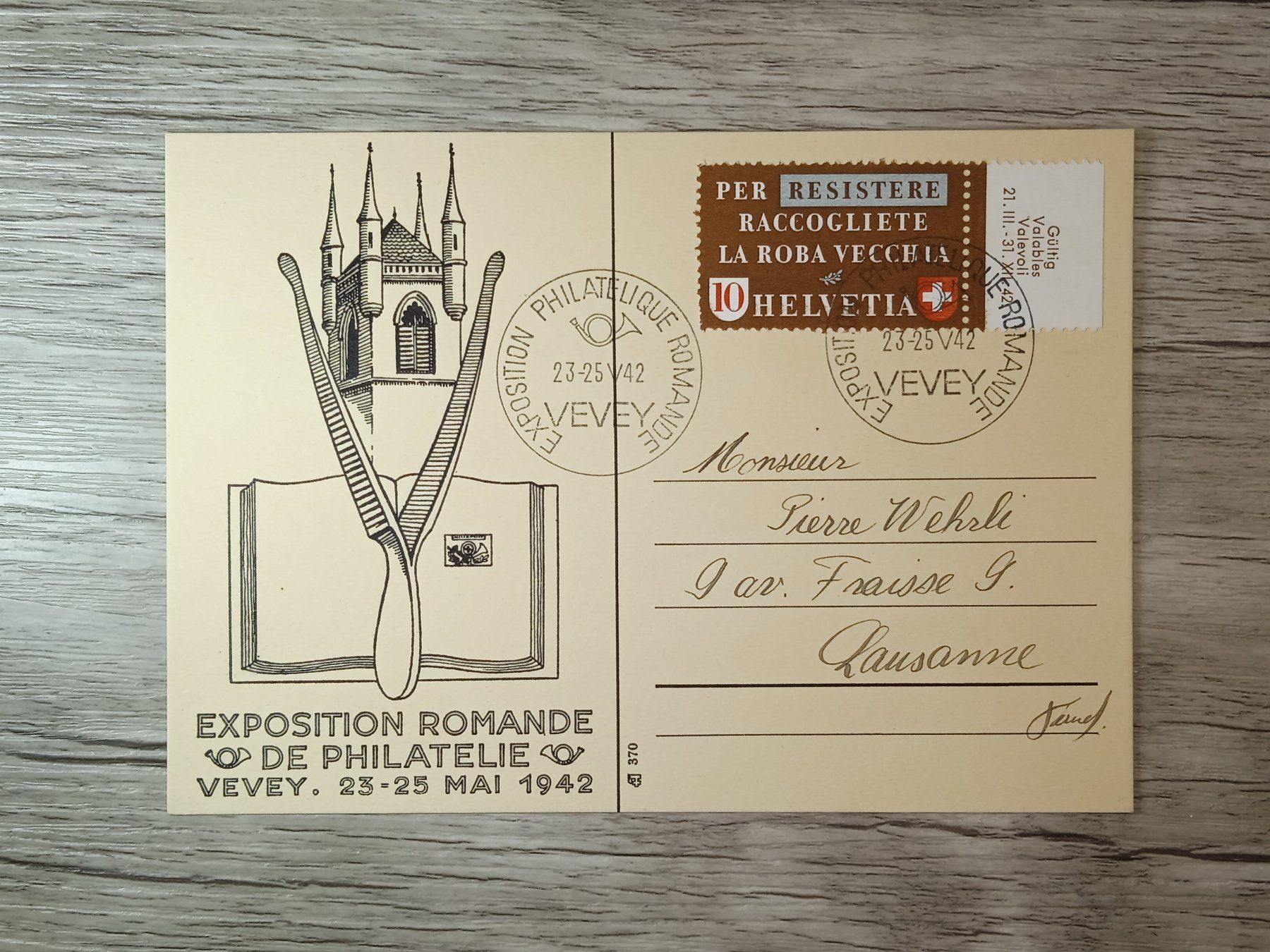 Tutti i francobolli: TR48 Carte Postale + Timbre Suisse 1942 – Usato da Cousset venduto da Patrick_Collections