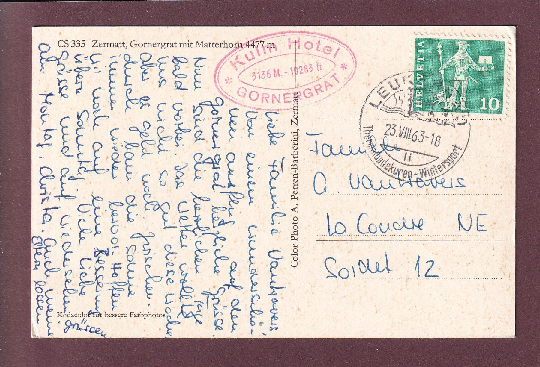 Cartoline postali: GORNERGRAT - Matterhorn - Kulm Hotel - 1963 – Usato da Pully venduto da nicecards 1