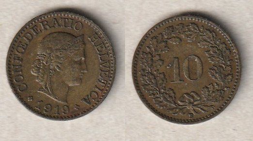 Toutes les monnaies: 10 Rappen 1919 Messing – D'occasion à Allschwil par Coinfreak