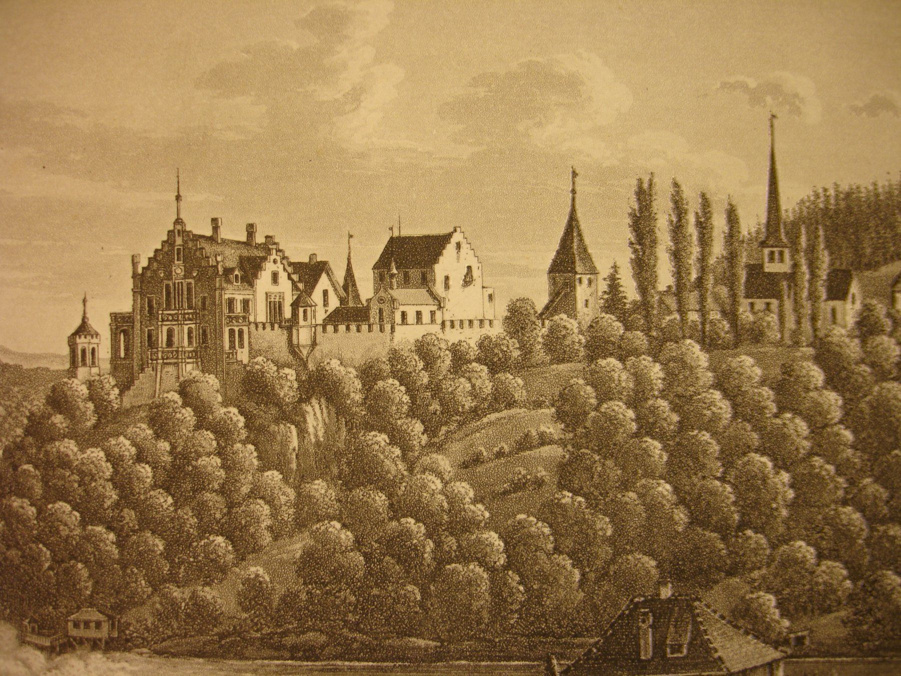 Incisioni: SCHLOSS LAUFEN, AQUATINTA 1853 – Usato da Grüningen venduto da Kartensammler 2