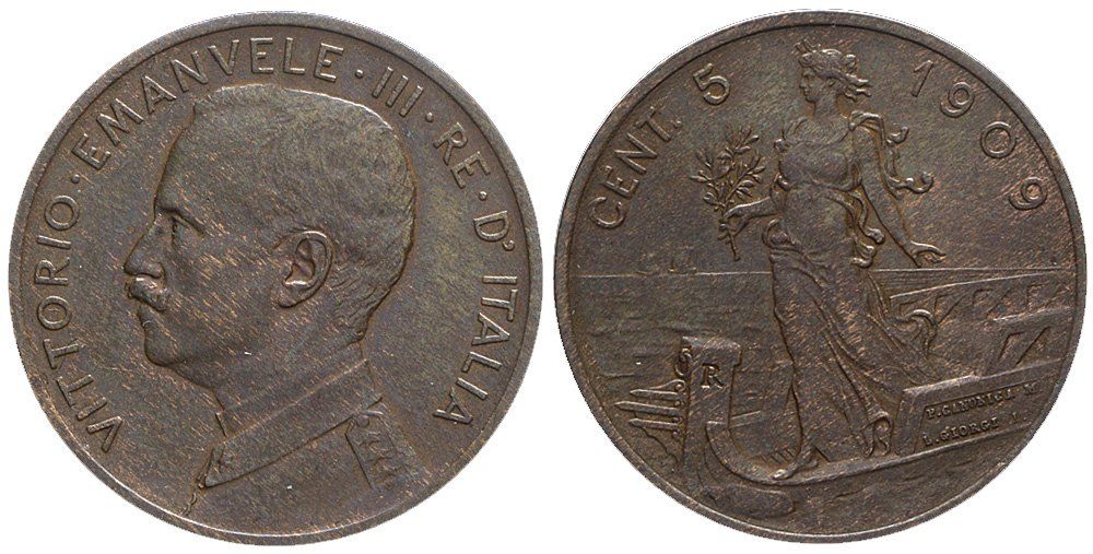 Tutti le monete: Italien, 5 Cents 1909 Roma – Usato da Chiasso venduto da Novamarketing