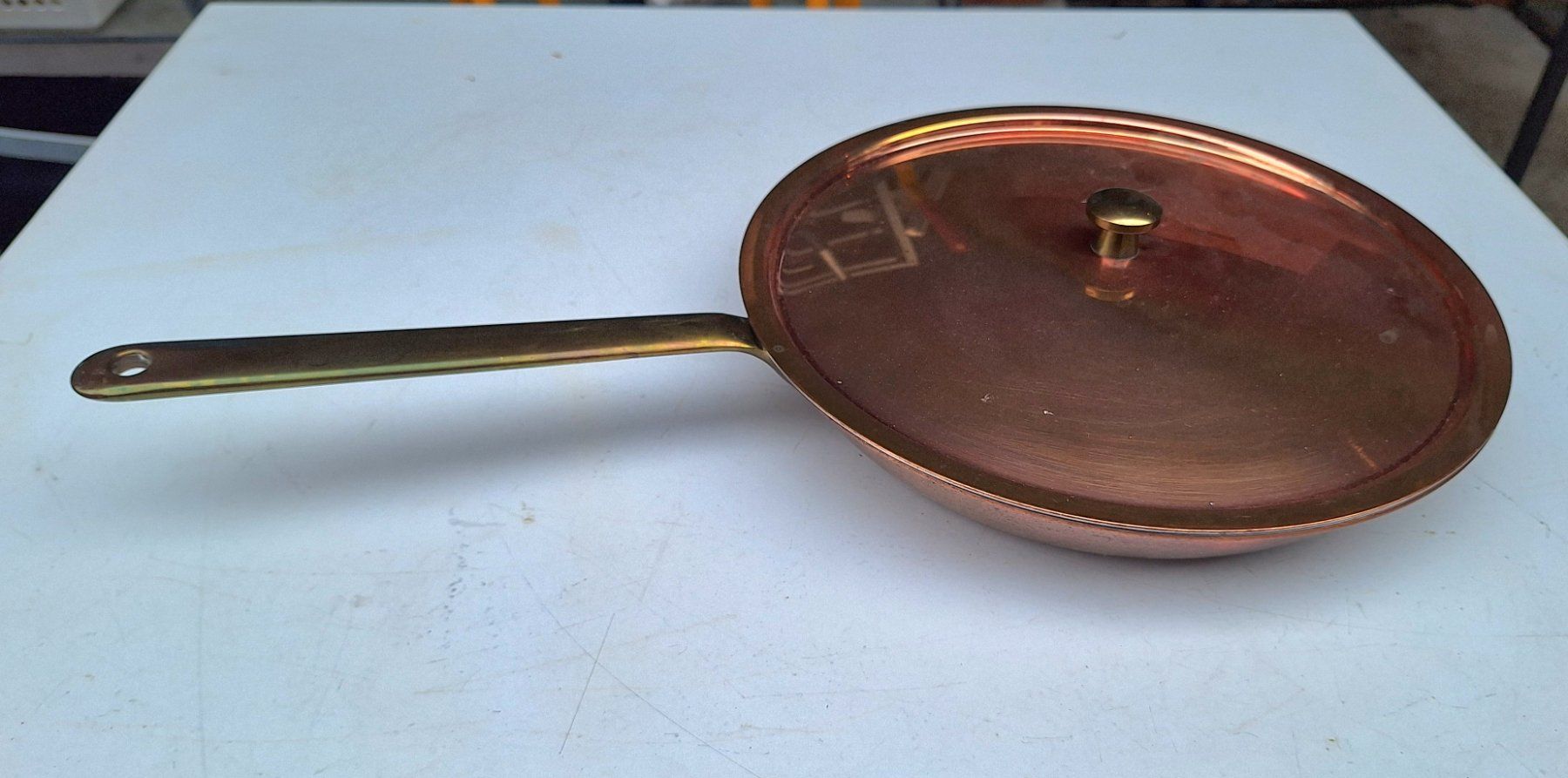 Padelle: Kupferpfanne mit Deckel, Messing Pfannenstiel – Usato da Weinfelden venduto da JoeBaer