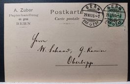 A. ZUBER, PAPIERHANDLUNG, Bern, gelaufen 1905,