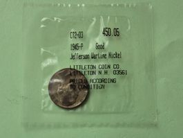 1945-P Jefferson Nickel Umlaufmünze aus Kriegszeiten, 5 Cent