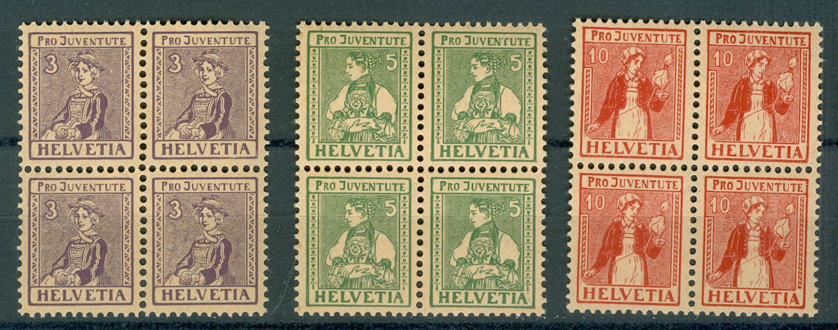 Tutti i francobolli: 1917 Schweiz Pro Juventute Viererblocks – Usato da Zürich venduto da yago-rot