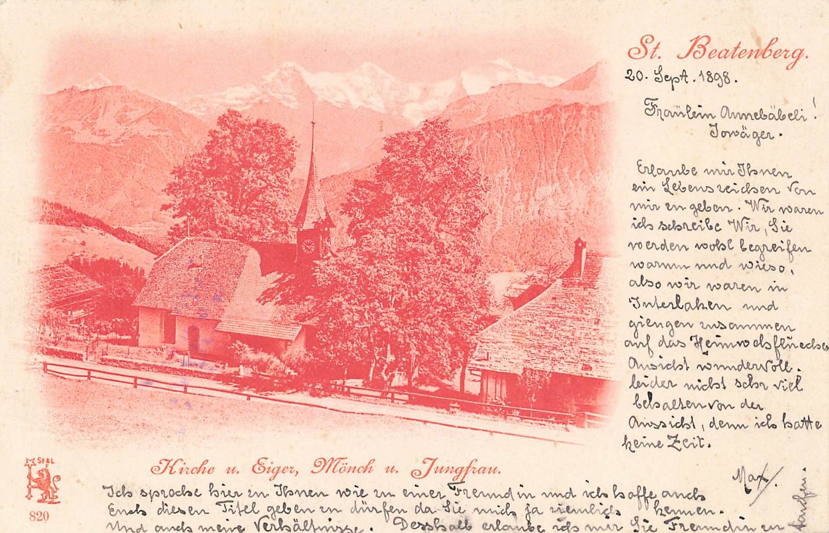 Cartoline postali: St Beatenberg (BE) Kirche mit Eiger Mönch und Jungfrau – Usato da Biasca venduto da Blenio71