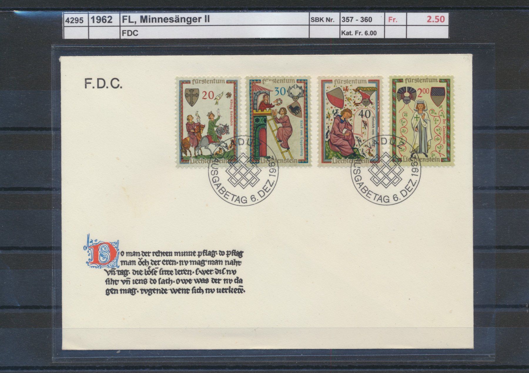Alle Briefmarken: 1962 FL, "Minnesänger II", FDC – Gebraucht aus Winterthur von Zupogeru