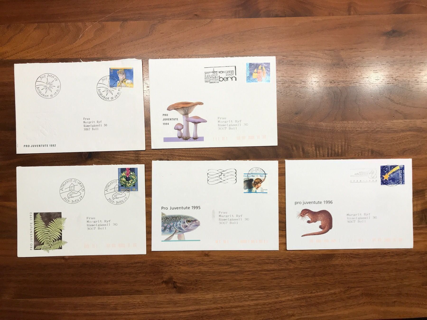 Alle Briefmarken: Umschläge Pro Juventute 1992-96 – Gebraucht aus Spiez von Fridu99
