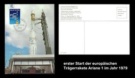 Postkarte 1979: Ariane Rakete, 1. Start, Französisch-Guyana