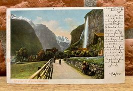 1905 Strasse in Lauterbrunnen, belebt - Berner Oberland