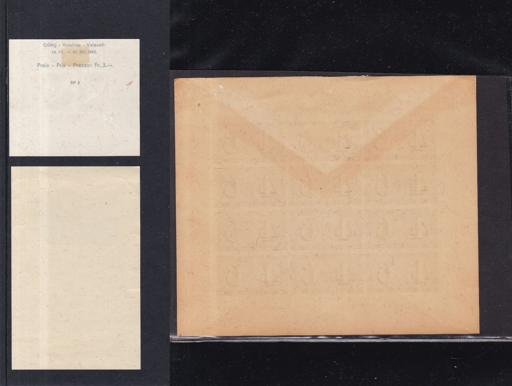 Tutti i francobolli: 3 x CH Blocks & Bogen, 1943 & 1945 – Usato da Münchwilen AG venduto da Nesar 1