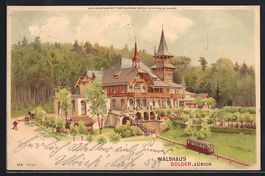 Litho Zürich, Waldhaus Dolder mit Bahn 