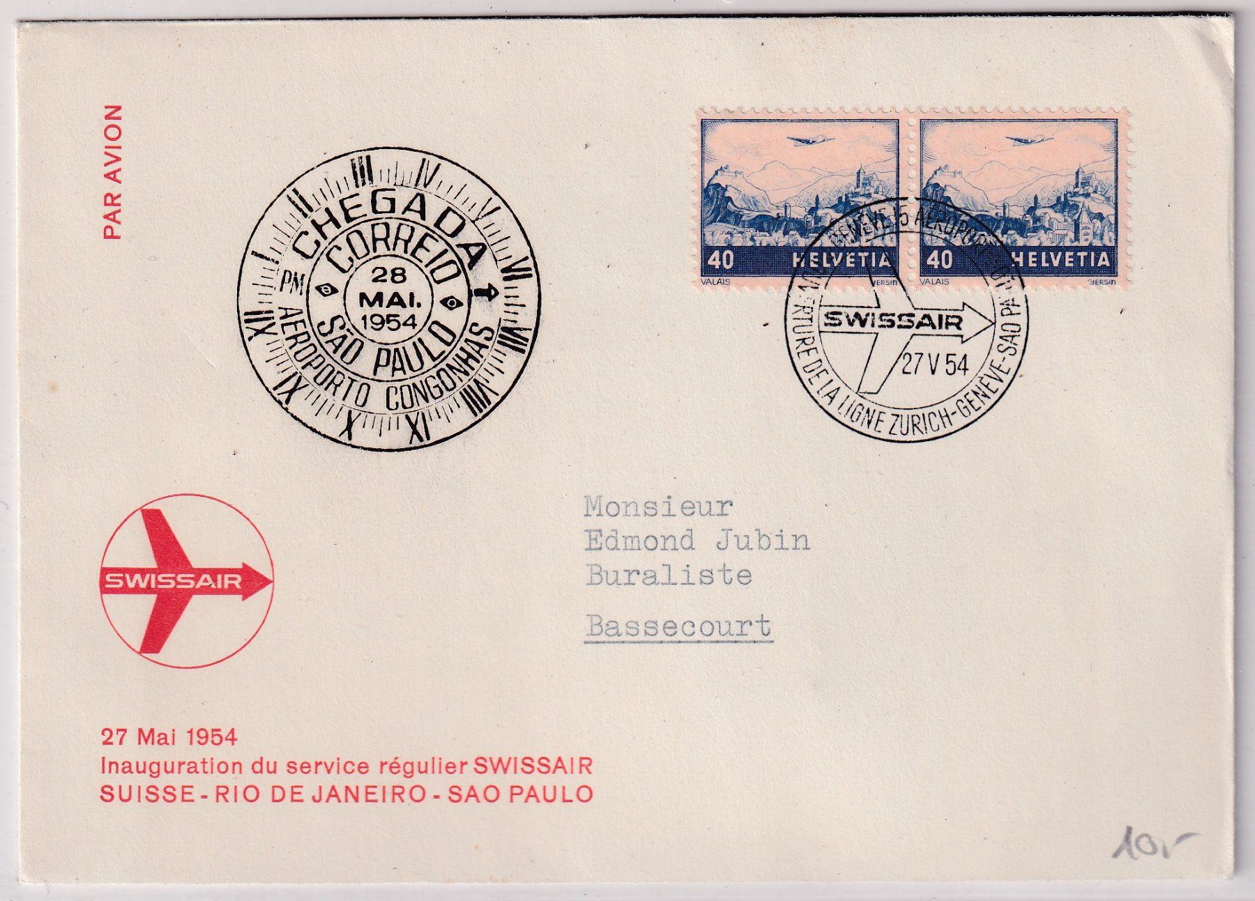 Tutti i francobolli: Swissair 27. Mai 1954 – Usato da Wenslingen venduto da riger11
