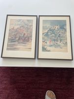 Originale Kunstdrucke, Burgen am Rhein, gerahmt, Vintage 49