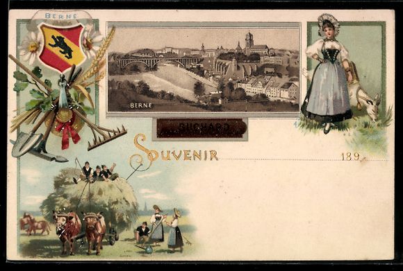 Cartoline postali: Bern, Teilansicht mit Brücke, Heuernte, – Usato da Berlin venduto da bartko-reher
