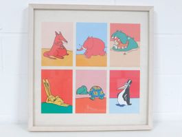 Vintage Kunstdruck Tiermotive Holzrahmen Wandbild Retro