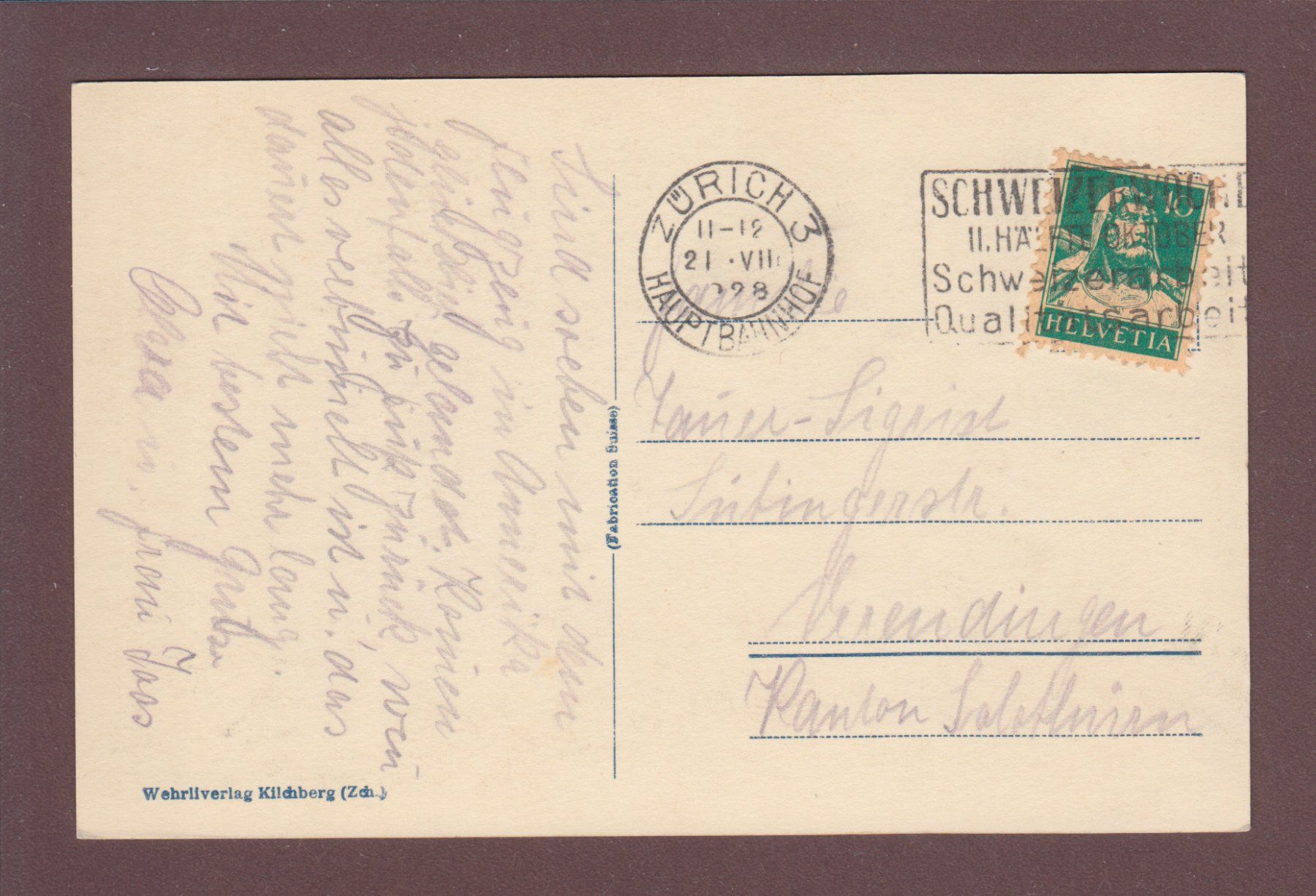 Cartoline postali: ZÜRICH - Utoquai - 1928 – Usato da Pully venduto da nicecards 1