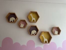Hexagonal Shelves with Animal Figures Set of 6