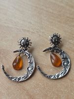 Modeschmuck Ohrhänger Sonne und Mond mit Bernstein Tropfen 