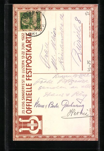 Cartoline postali: Luzern, 23. Eidgen. Sängerfest 1922 – Usato da Berlin venduto da bartko-reher 1