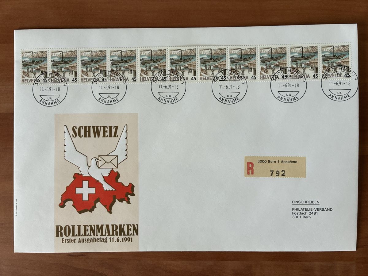 Tutti i francobolli: 4 Rollenmarken-Ersttagsbriefe, 11er-Streifen – Usato da Basel venduto da luginbhl1431 5