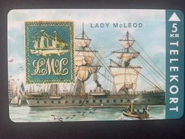 Telefonkarte aus Dänemark. Schiff, Briefmarkenmotiv