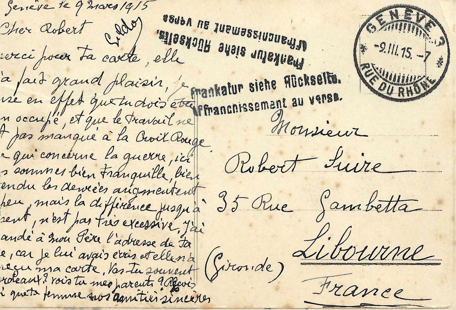 Cartoline postali: Carte Postale Genève-Libourne 1915, – Usato da Worb venduto da techno109 1