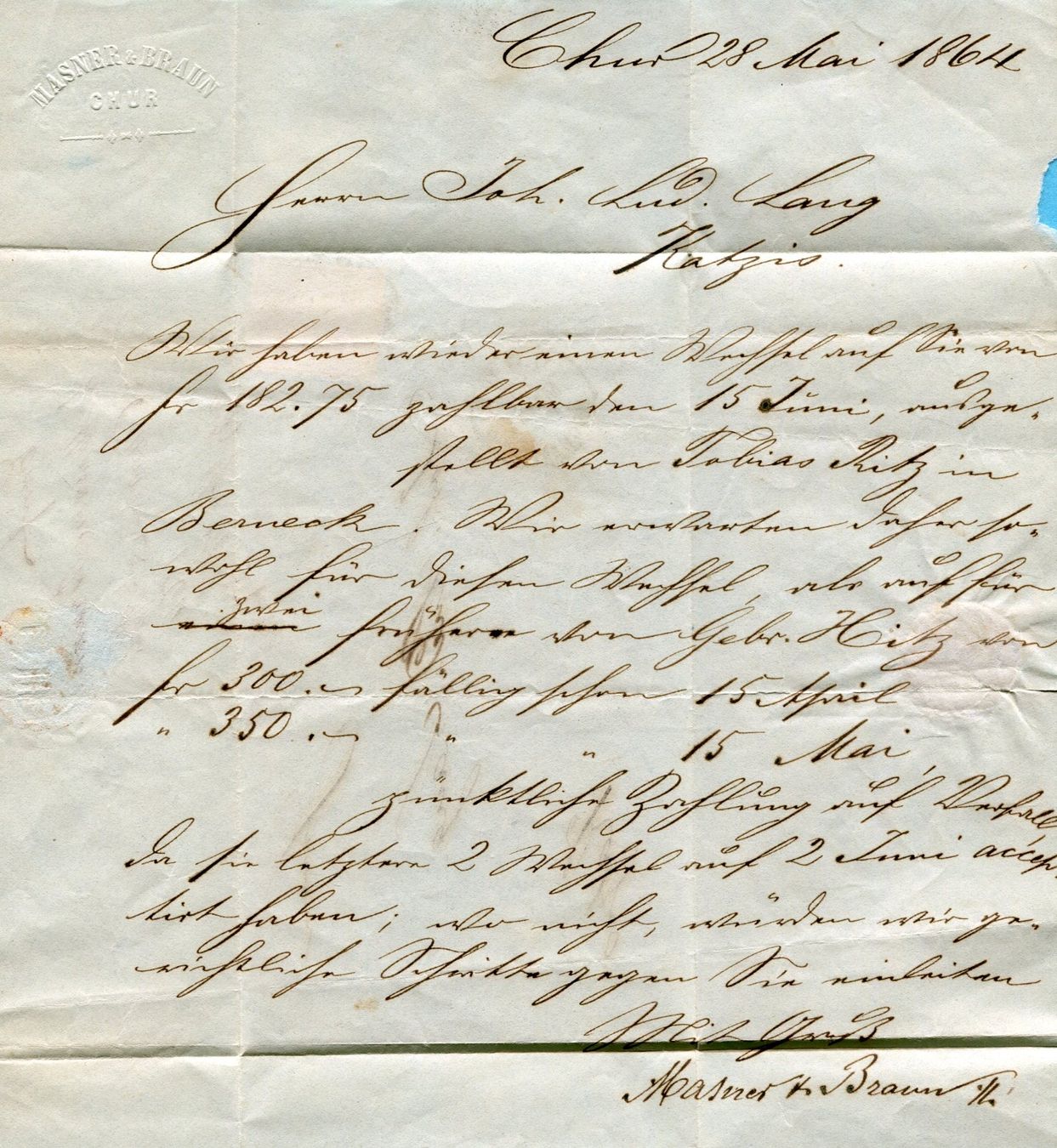 Tutti i francobolli: Faltbrief von Chur nach Katzis 1864 – Usato da Opfikon venduto da Prophila 1