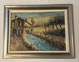 Tableau Peinture Moulin à Eau, Cadre Argenté 89X69