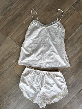 Damen Pyjama Set Seidenoptik Spitze beige Grösse M/L
