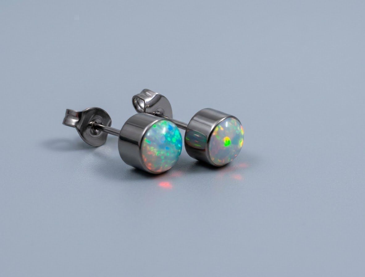Orecchini pendenti & Orecchini a lobo: Ohrstecker aus Titanium mit Opal – Nuovo e nell'imballaggio originale da Matten b. Interlaken venduto da kero71